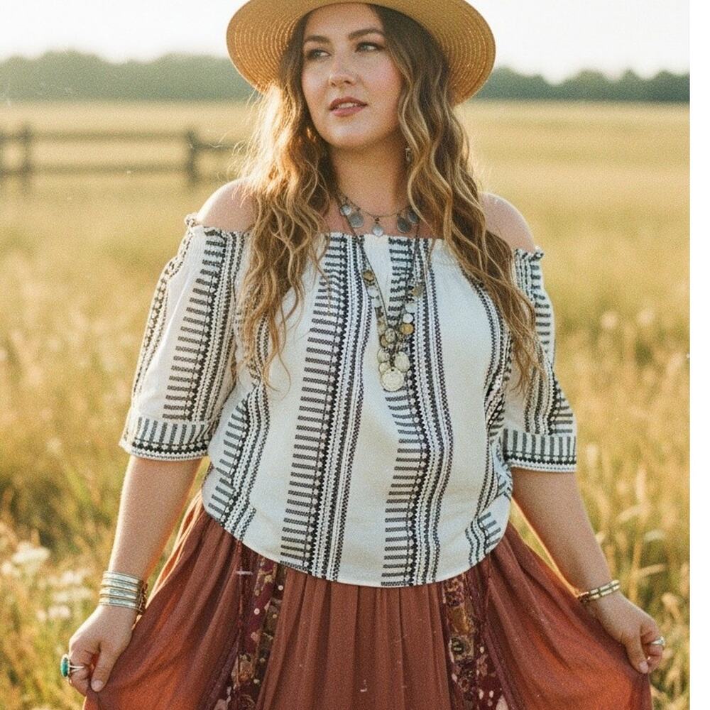 Passport Cold Shoulder Black & White Women's Blouse Festival Peasant Size XL NWT